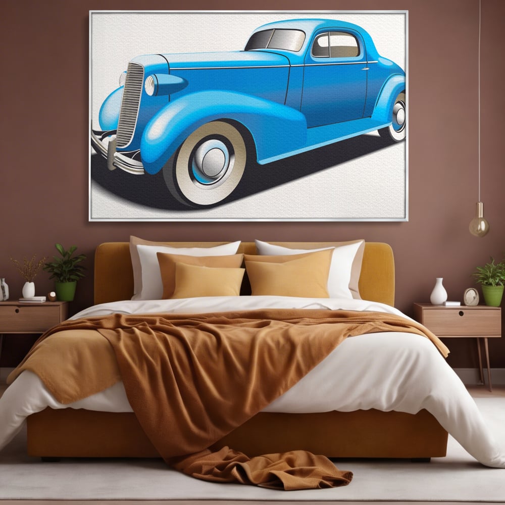 Tablou canvas cu ilustratie cu masina de epoca albastra, in rama de aluminiu argintiu, pe perete intr-un dormitor